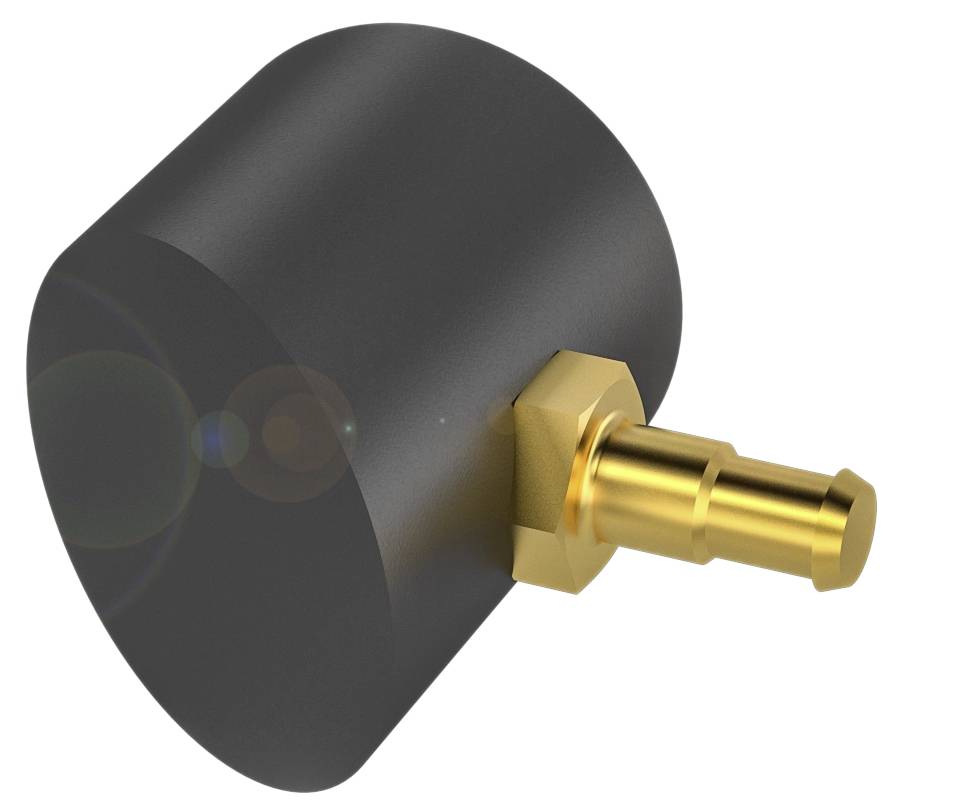 Ein schwarzer, zylindrischer Adapter mit einem goldenen Anschlussstift ragt seitlich heraus.
