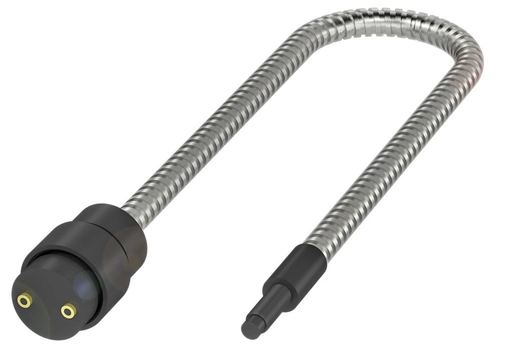 Ein flexibler, silberner Metallschlauch mit schwarzem Anschlussstück. Der Schlauch scheint für industrielle oder technische Anwendungen konzipiert zu sein.