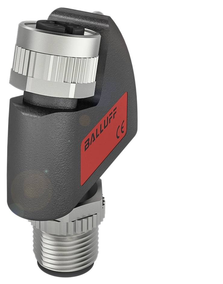 Ein grauer Sensor mit rotem Etikett 'Balluff'. Das Gerät ist zylindrisch mit zwei silberfarbenen Schraubverbindungen.