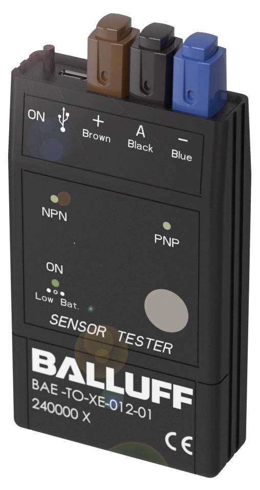 Sensor-Tester mit drei Anschlüssen in Braun, Schwarz und Blau. Knöpfe für NPN und PNP. Markenname: Balluff.