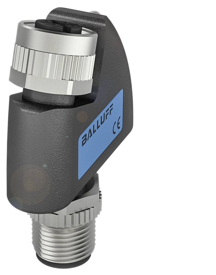 Ein induktiver Näherungssensor mit blauem Etikett und der Aufschrift 'BALLUFF', in zylindrischer Form mit Metall- und Kunststoffteilen.