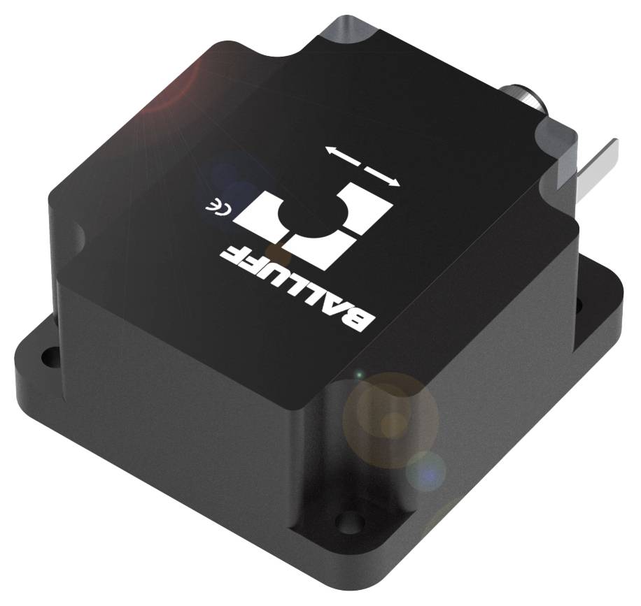 Ein schwarzer, rechteckiger Sensor von Balluff mit Pfeilanzeige zur Ausrichtung.