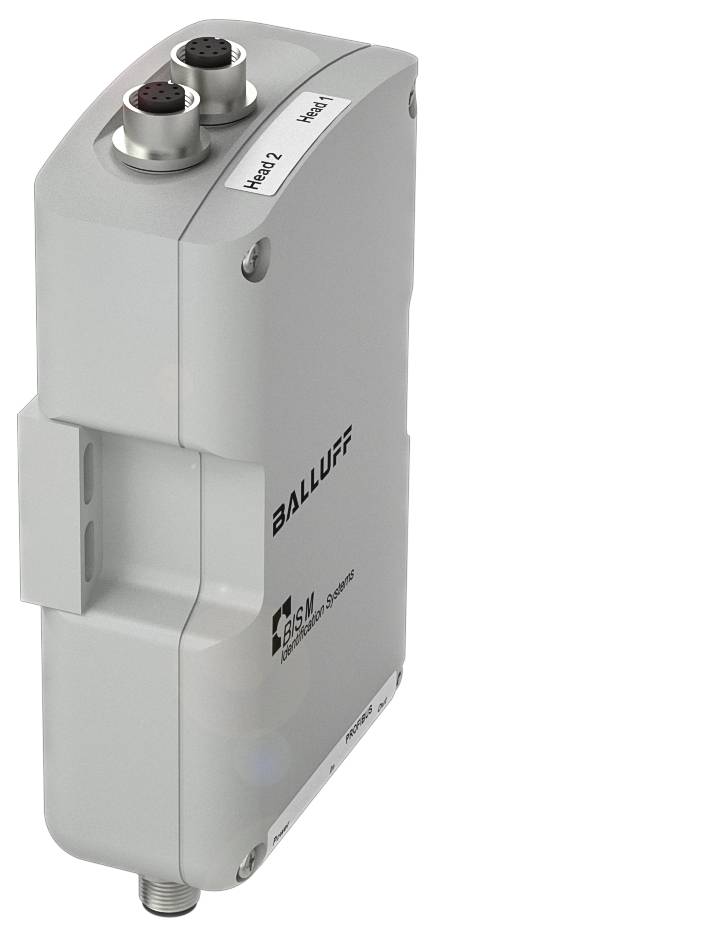 Graues elektronisches Gerät mit der Aufschrift 'Balluff' und zwei Steckverbindern oben.