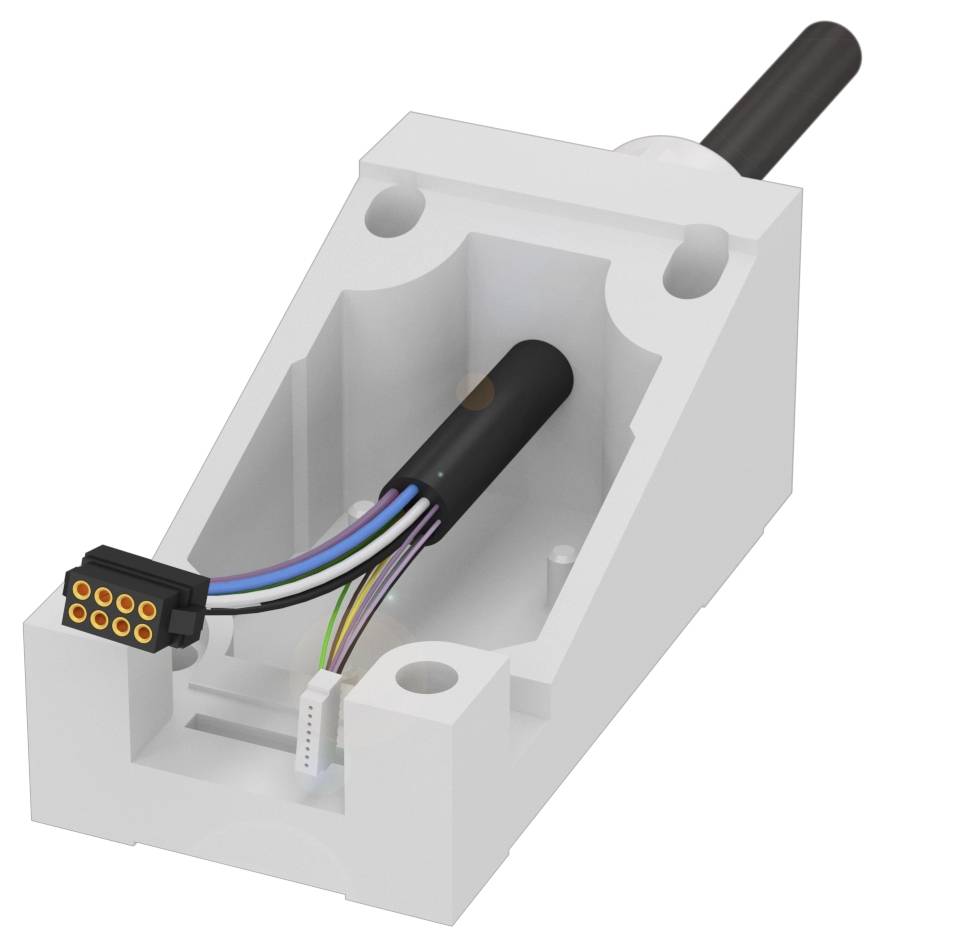 Ein weißes Gehäuse mit einem schwarzen Kabel und farbigen Drähten. Das Bauteil könnte in elektrischen oder elektronischen Anwendungen verwendet werden.