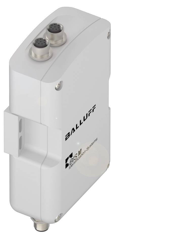 Elektronisches Gerät mit Anschlüssen oben, beschriftet mit 'Balluff' und 'BIS M'. Erscheint wie ein Sensor oder Modulsystem.