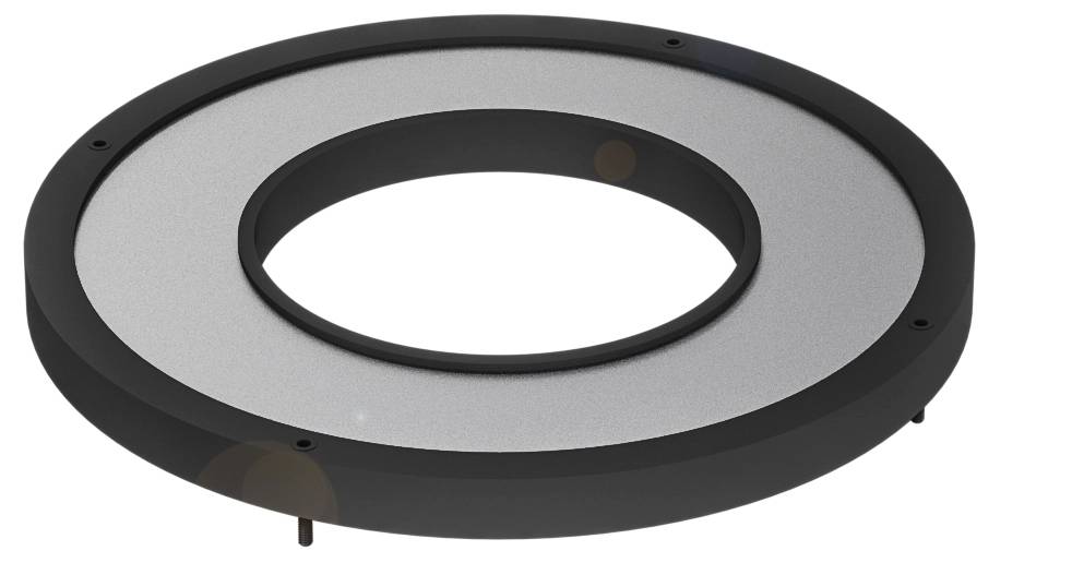 Ein runder schwarzer Rahmen mit einem großen zentralen Loch, geeignet für technische Anwendungen oder als Teil eines Geräts.