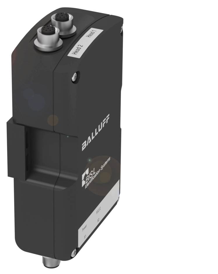 Ein schwarzes industrielles Sensorgerät von Balluff mit zwei Steckverbindungen oben. Rechts ist 'Head 1' und 'Head 2' gekennzeichnet.