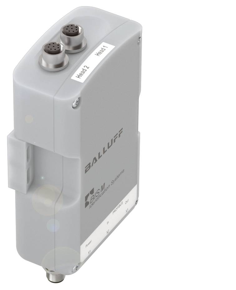 Graues elektronisches Gerät mit zwei Steckanschlüssen und der Aufschrift 'BALLUFF'. Es hat zwei Beschriftungen: 'Head 1' und 'Head 2'.