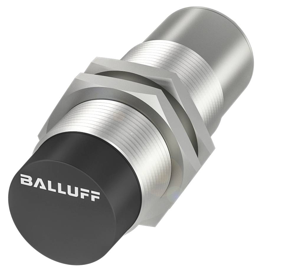 Zylindrischer Sensor mit metallischem Gewinde und schwarzer Kappe, auf der 'Balluff' steht. Er wird für präzise Positionsmessung genutzt.