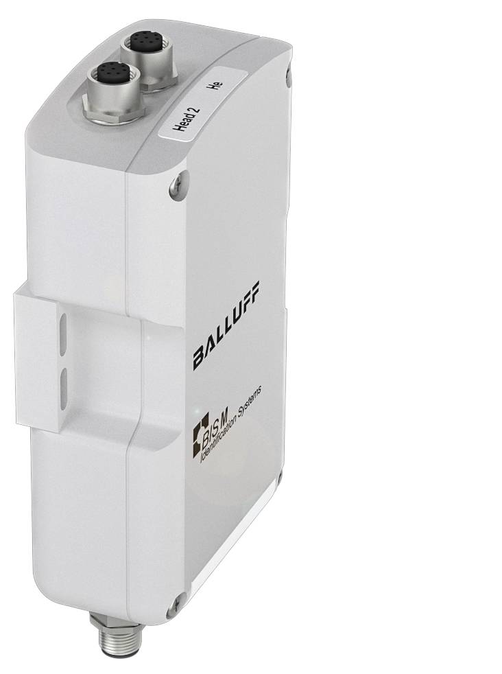 Industrieller Sensor von Balluff mit zwei Anschlüssen oben. Beschriftung auf der Seite: 'Ind.2' und 'MB'. Hochformatige Ansicht.