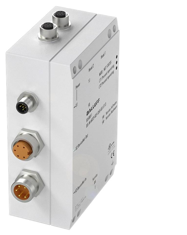 Ein weißes, rechteckiges technisches Gerät mit mehreren Anschlussbuchsen auf der Oberseite und Vorderseite. Gerät von Balluff.