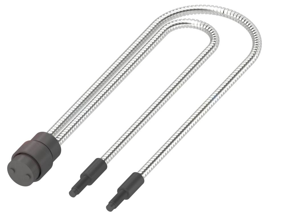 Ein U-förmiges Heizelement mit Metallrohr und schwarzen Anschlussenden, verwendet für elektrische Geräte.