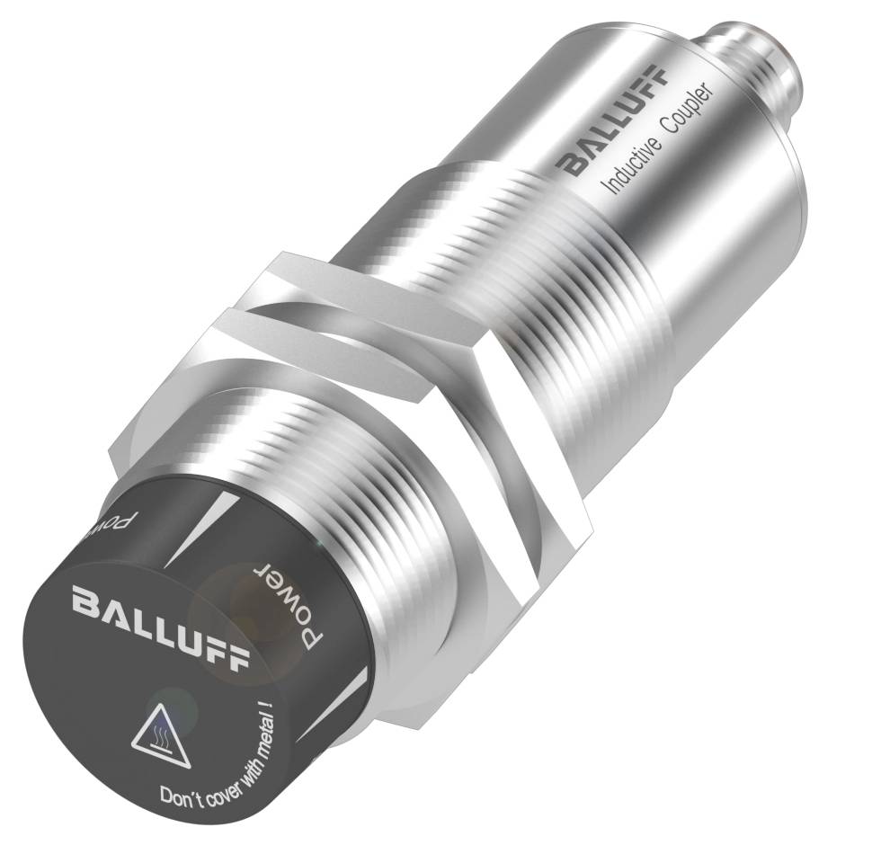 Metallischer zylindrischer industrieller Sensor gekennzeichnet mit 'Balluff Industrial Coupler', mit Hinweis 'Don't cover with metal'.