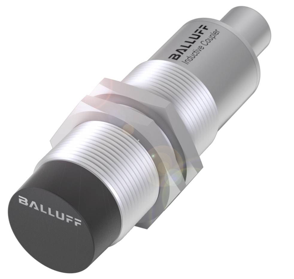 Induktiver Sensor in zylindrischer Form aus Metall, mit schwarz beschrifteter Kappe und Beschriftung 'Balluff Inductive Coupler'.