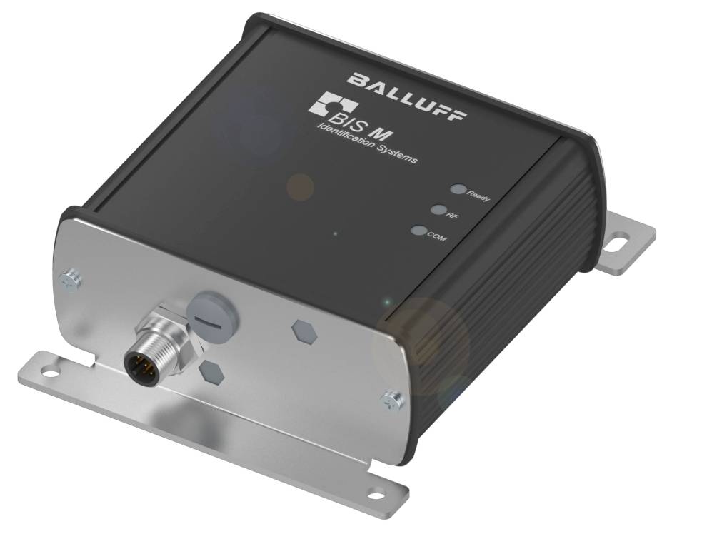 Ein metallisches Gehäuse mit der Aufschrift 'Balluff BIS M Inductive Systems'. Es hat einen runden Anschluss und Statusanzeigen.