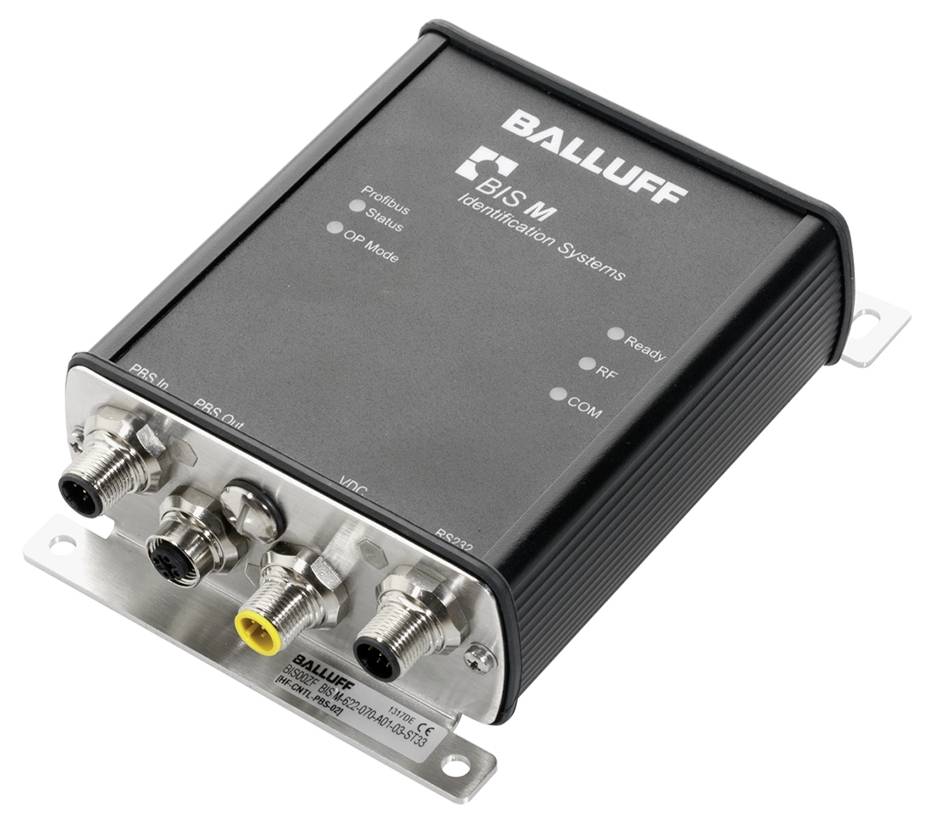 Ein schwarzes Identifikationssystem-Gerät mit mehreren Anschlüssen und Kontrollleuchten, auf denen 'Balluff BIS M' steht.