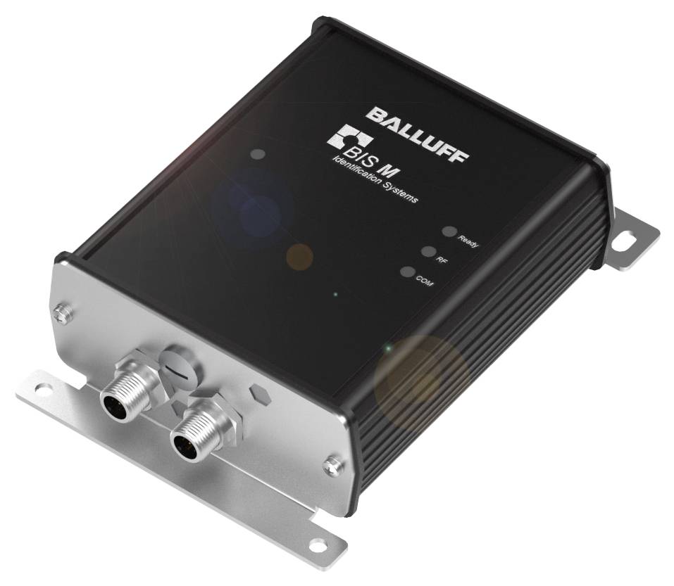 Ein schwarzes Balluff RFID-Lesegerät mit zwei Anschlüssen und Statusleuchten. Modellbezeichnung ist sichtbar: 'BIS M'.