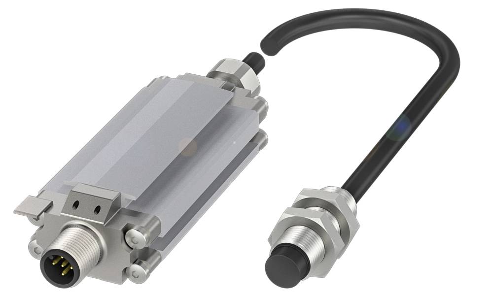Industrielles Sensormodul mit Metallgehäuse und schwarzem Anschlusskabel, geeignet für Maschinenüberwachung.
