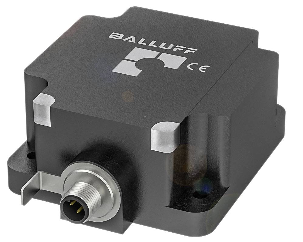 Ein rechteckiger, schwarzer Sensor mit dem Aufdruck 'BALLUFF' und CE-Zeichen. Vorderseite zeigt einen silbernen Anschlussstecker.