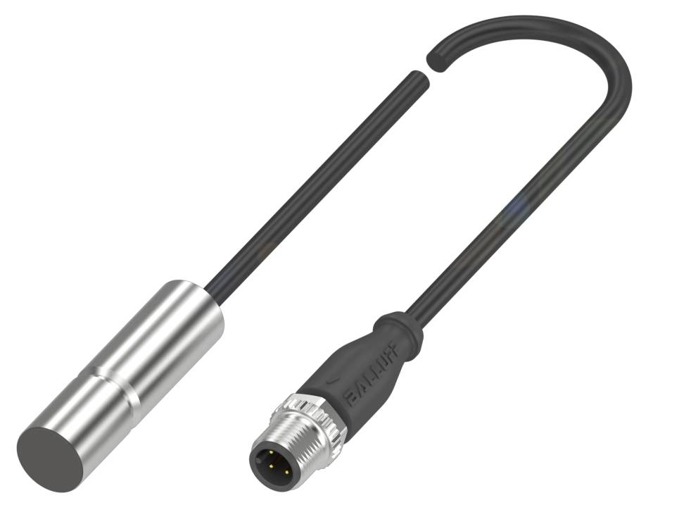 Zylinderförmiger Sensor mit schwarzem Kabel und Steckverbinder, verwendet zur Erfassung von Position oder Bewegung in industriellen Anwendungen.