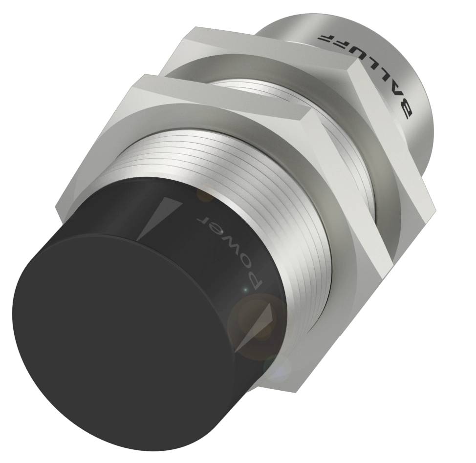 Ein zylindrischer Sensor von Balluff mit schwarzer Front und silbernem Gehäuse, geeignet für industrielle Anwendungen zur Positionsüberwachung.