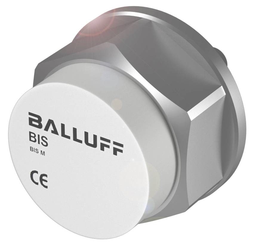 Ein Metallzylinder mit der Aufschrift 'BALLUFF BIS M CE', vermutlich ein elektronisches Bauteil oder Sensor, vor einem weißen Hintergrund.