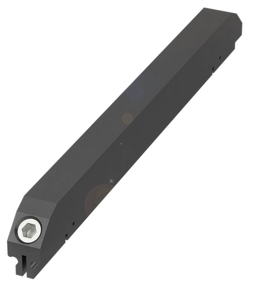 Ein schwarzes, langes Metallwerkzeug mit sechseckiger Schraube am vorderen Ende, genutzt für Maschinenbearbeitung oder Befestigungszwecke.
