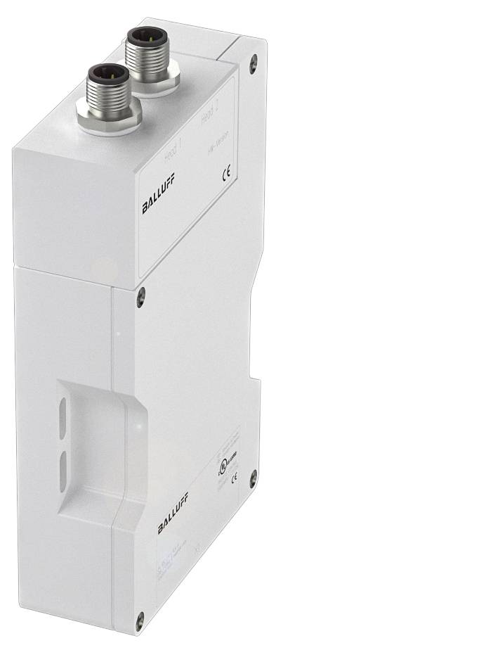 Ein weißes, rechteckiges elektronisches Gerät mit zwei Metallanschlüssen oben. Markenlogo und CE-Kennzeichnung sichtbar.