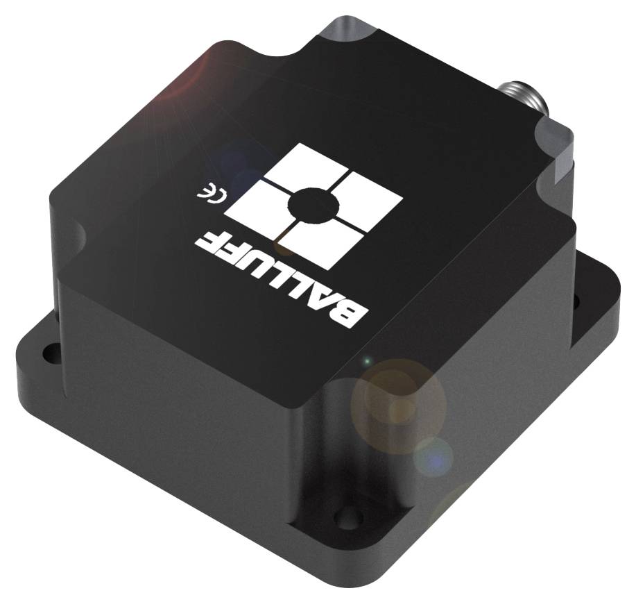 Schwarze elektronische Komponente von Balluff mit quadratischem Logo und Befestigungslöchern, wahrscheinlich ein Sensor oder Modul.