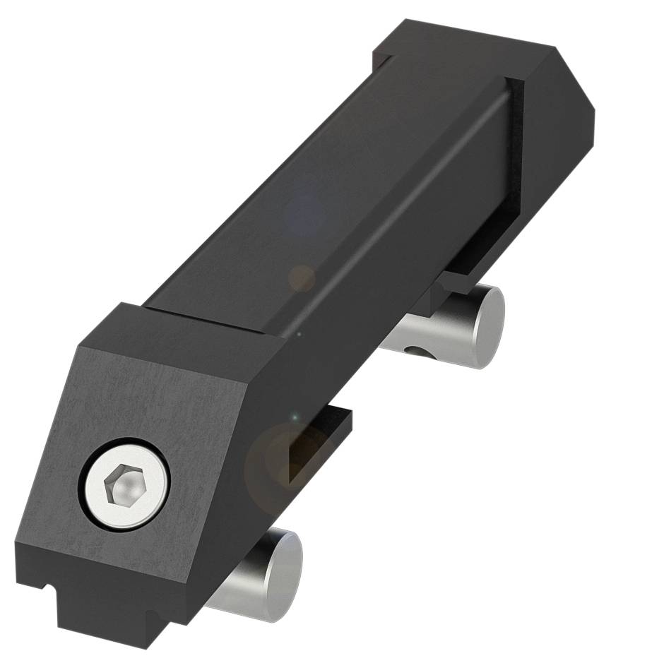 Ein schwarzes mechanisches Bauteil mit einer silbernen Schraube an einem Ende. Die Form ist länglich mit einem quadratischen Querschnitt.