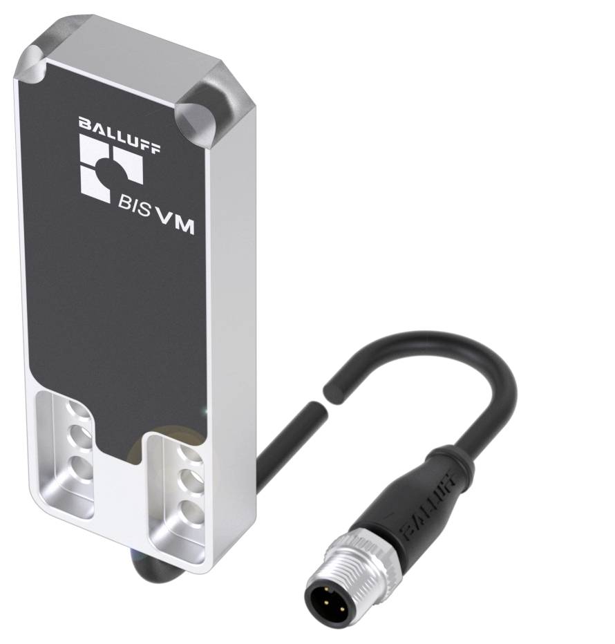 Ein rechteckiger Sensor von Balluff mit einem Metallgehäuse. Rechts daneben befindet sich ein schwarzes Kabel mit einem Rundstecker.