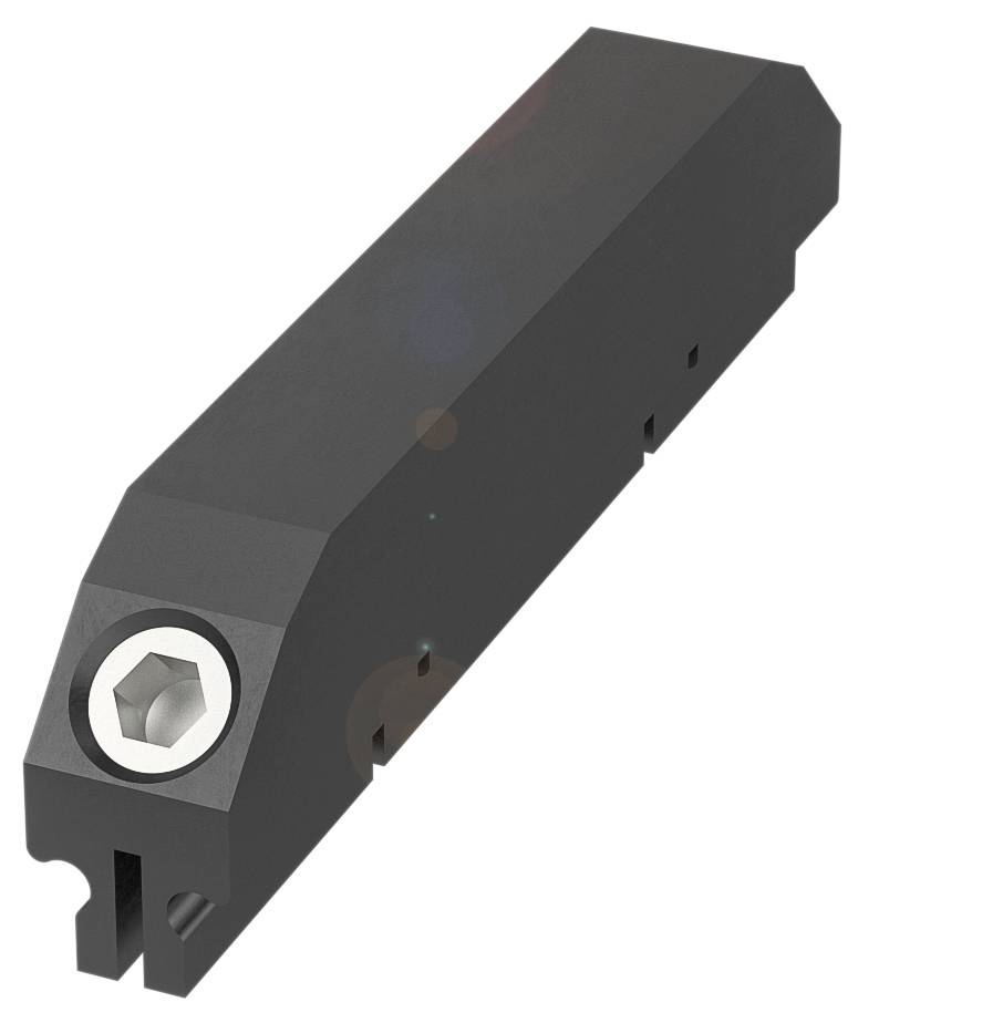 Ein schwarzes Metallteil mit sechseckiger Schraubenkopföffnung, verwendet wahrscheinlich für Montage- oder Maschinenzwecke.