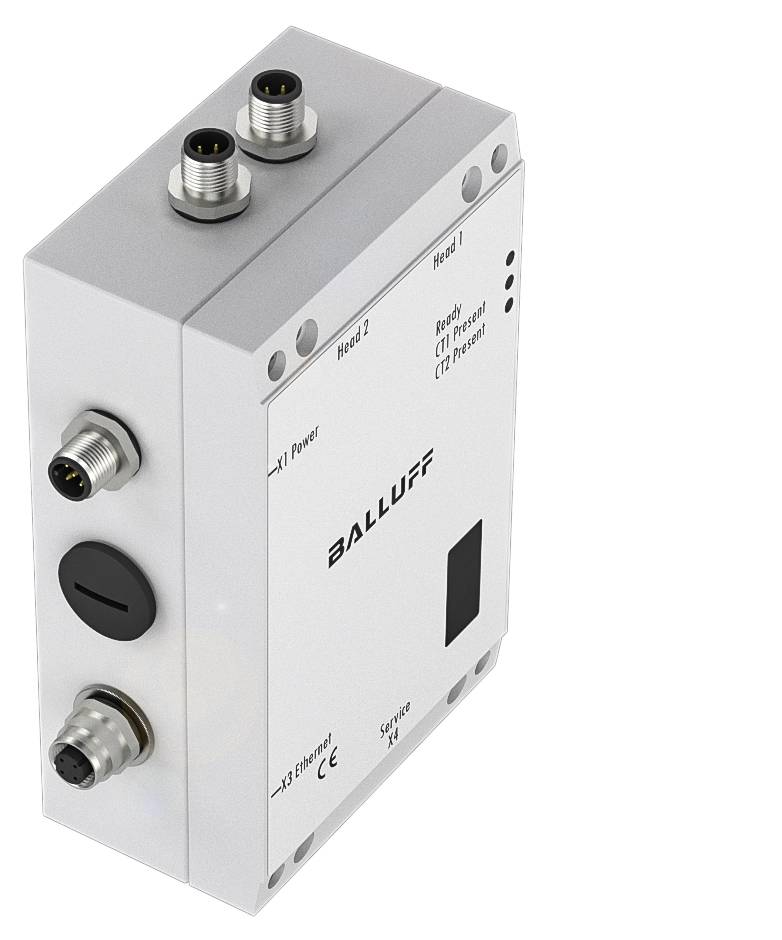 Industrielles Gerät von Balluff mit mehreren Anschlüssen, verwendet für Automatisierungslösungen. Rechteckige Bauform mit Beschriftungen.