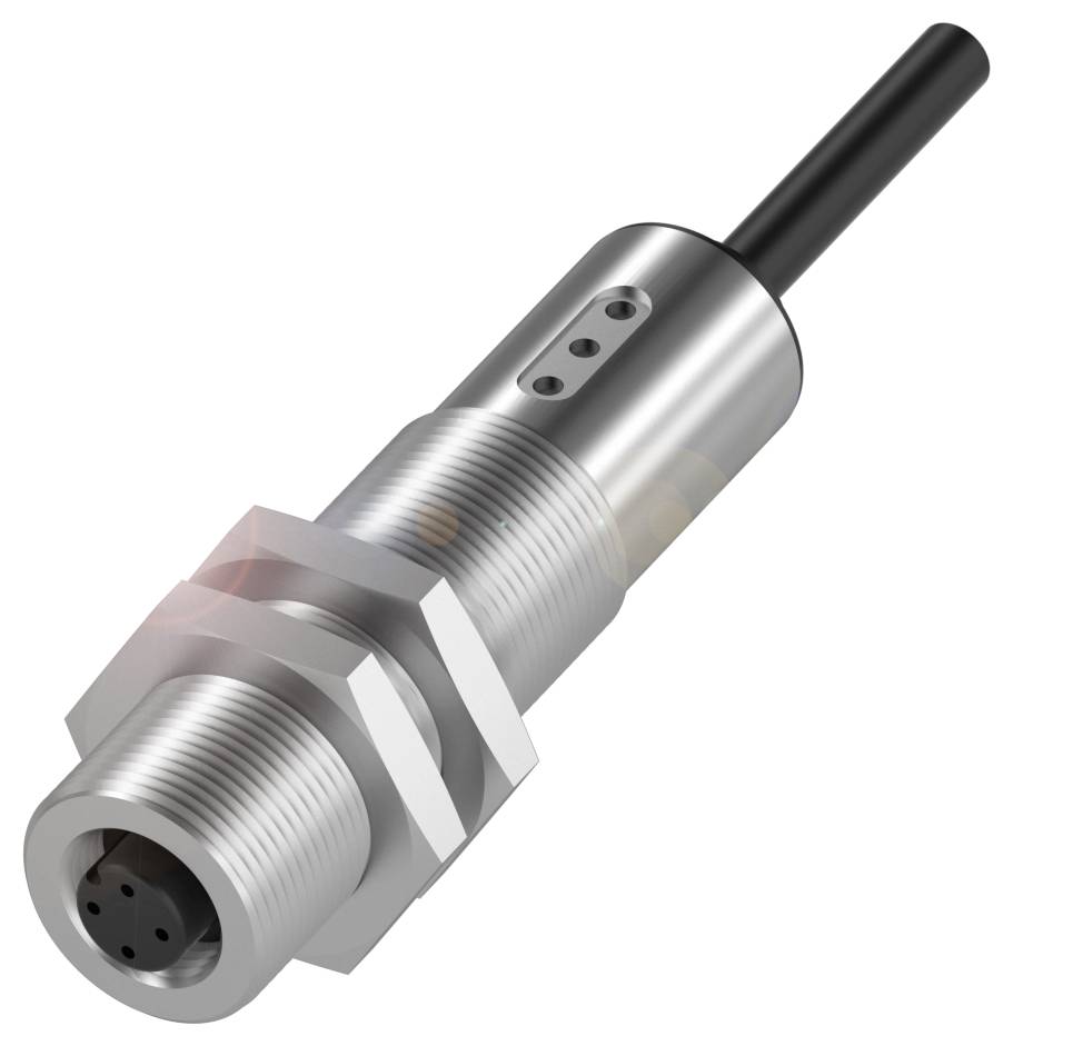 Ein zylindrischer Metallstecker mit gewindeförmigem Körper und Kabelverbindung. Ideal für robuste industrielle Anwendungen.