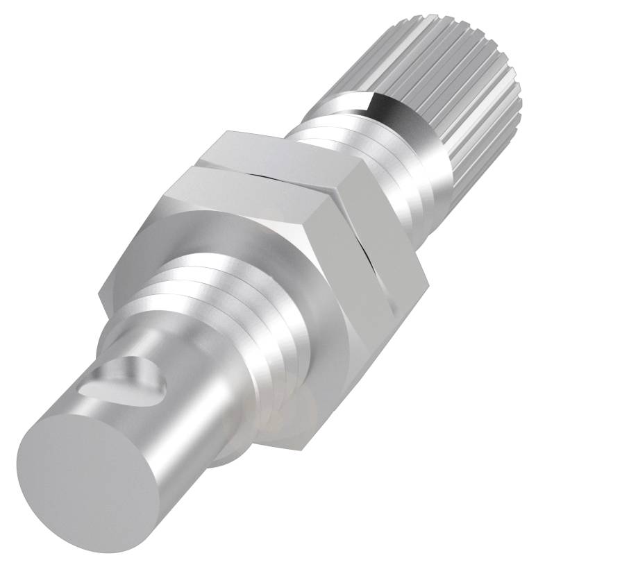 Eine silberne Metallachse mit gerändeltem Kopf und Gewinde, geeignet für Maschinenkomponenten.