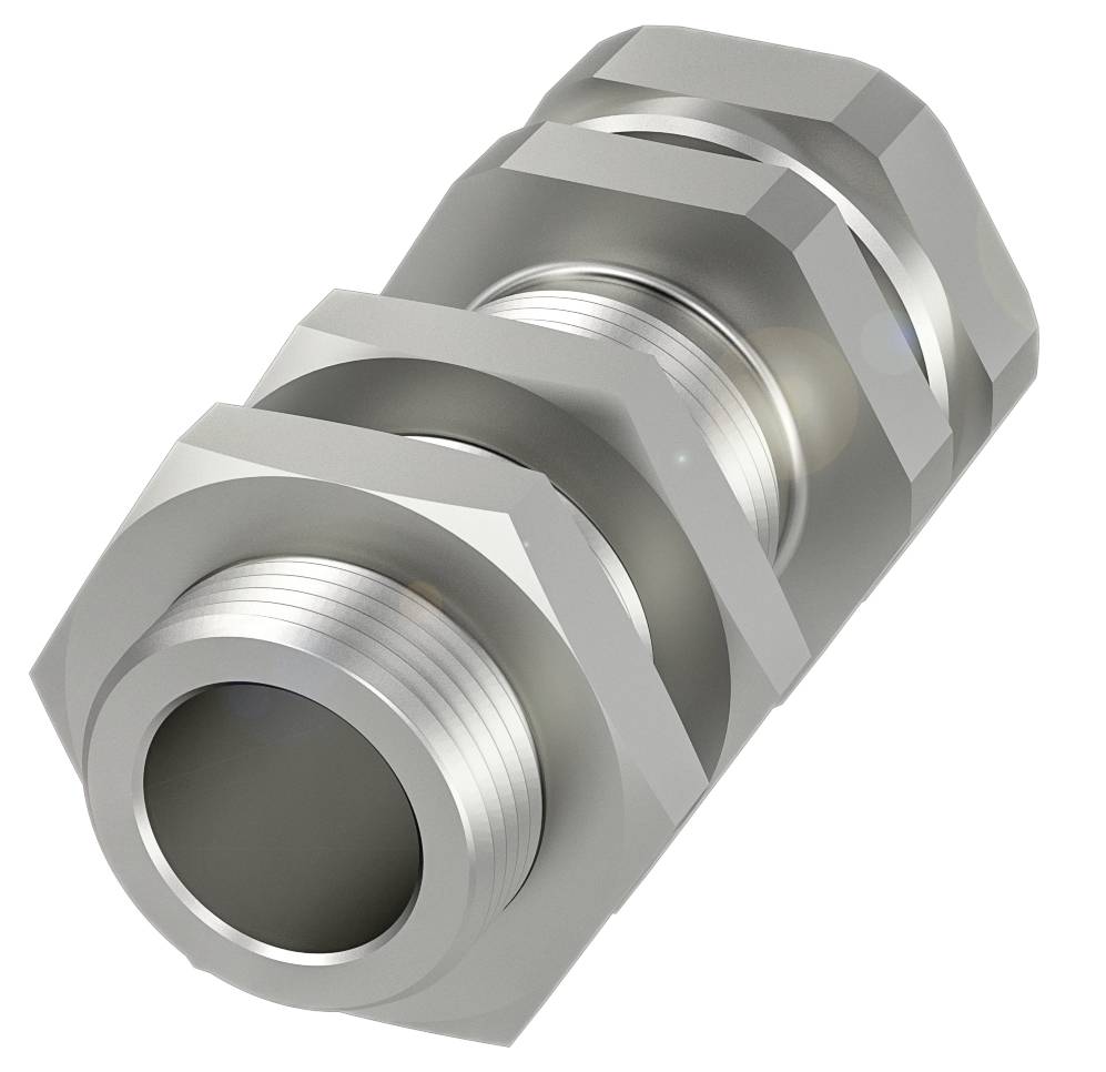 Eine silberne Metallverschraubung mit mehreren Gewindeschichten, die verwendet wird, um Rohre oder Schläuche sicher zu verbinden.