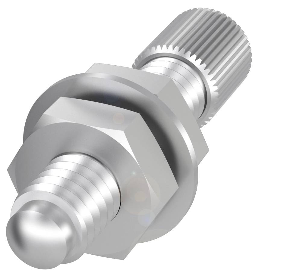 Eine silberne Metallbefestigungsschraube mit gerändeltem Kopf und Gewinde, geeignet für mechanische Anwendungen.