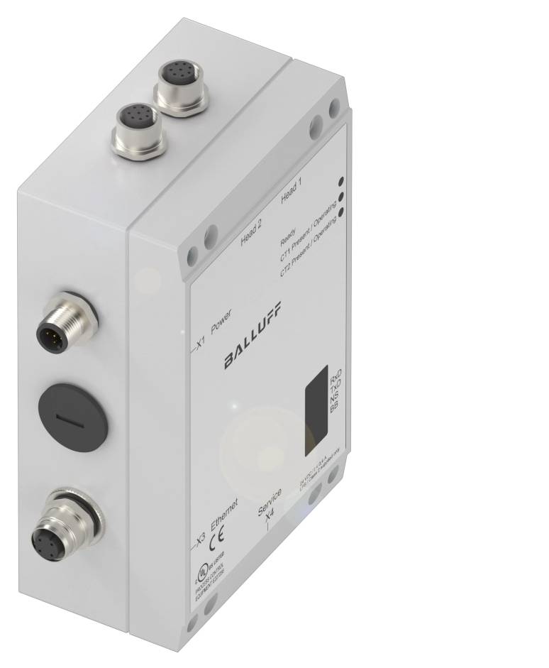 Ein weißes elektronisches Gerät mit drei Steckverbindern und einer LED-Anzeige. Markenzeichen 'Balluff' auf der Vorderseite.