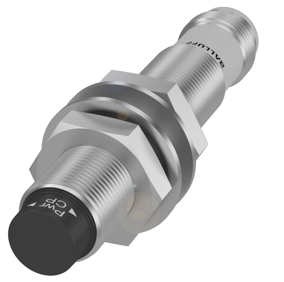 Ein zylindrischer Induktivsensor aus Metall mit der Markierung 'Balluff', schwarzer Spitze und Befestigungsmutter.
