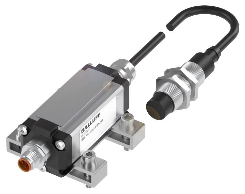 Sensor mit zylindrischem Gehäuse und Kabelanschluss, montiert auf einem Metallrahmen. Gerät zur Positionsüberwachung in industriellen Anwendungen.