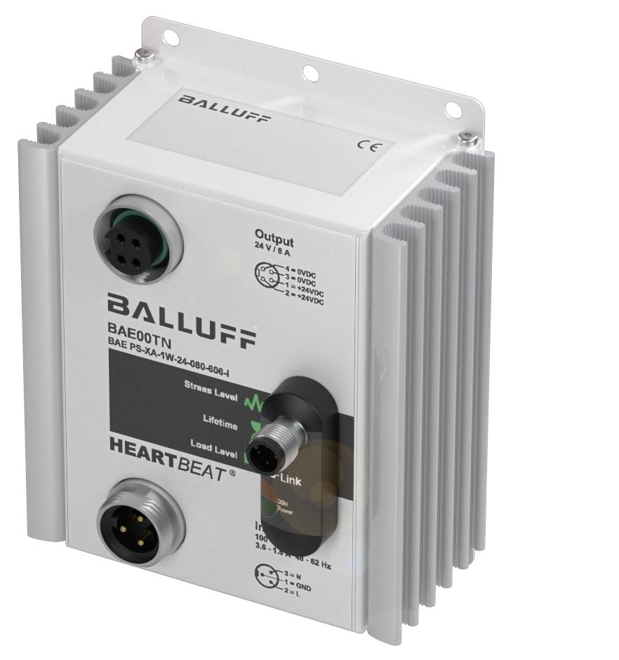 Ein industrielles Netzgerät mit Beschriftungen: 'BALLUFF BAE00TLN', 'HEARTBEAT', präsentiert mit Anschlüssen und Kühlrippen.