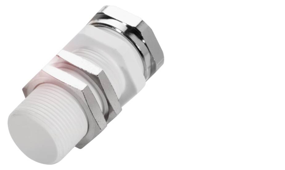 Ein Metall- und Kunststoff-Verschluss, möglicherweise Teil einer Rohrverbindung oder eines elektrischen Anschlusses, auf weißem Hintergrund.