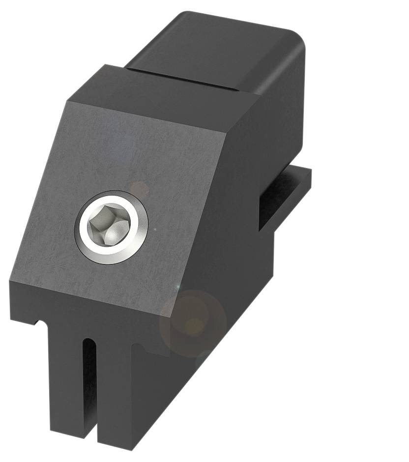 Industriebauteil aus Metall mit Schraube, rechteckig geformt, möglicherweise Teil einer größeren Konstruktion oder Maschine.