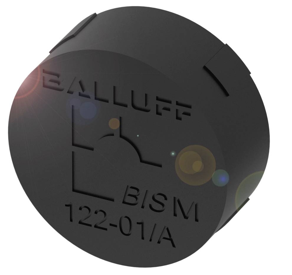 Rundes schwarzes Bauteil mit Aufschrift 'Balluff BISM 122-01/A', zeigt eine technische Komponente, möglicherweise ein Sensor.