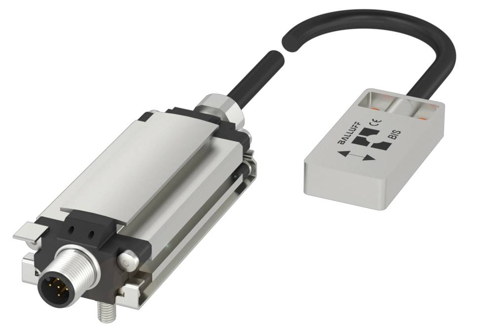 Ein Induktiver Sensor von Balluff zeigt einen zylinderförmigen Anschluss und ein rechteckiges Gehäuse mit Herstellerlogo.