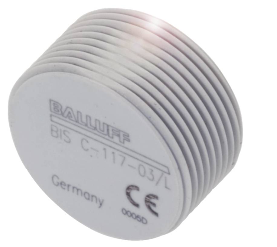 RFID-Tag von Balluff, Modell BIS C-117-03/L, aus Deutschland, zeigt CE-Zeichen und Seriennummer. Hauptsächlich für Identifikationszwecke verwendet.
