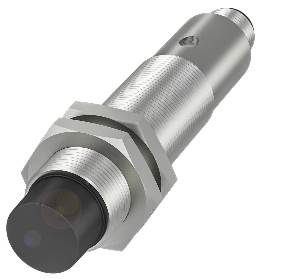 Ein zylindrischer Näherungssensor aus Metall mit einem Gewinde und einer runden schwarzen Spitze, geeignet für industrielle Anwendungen.