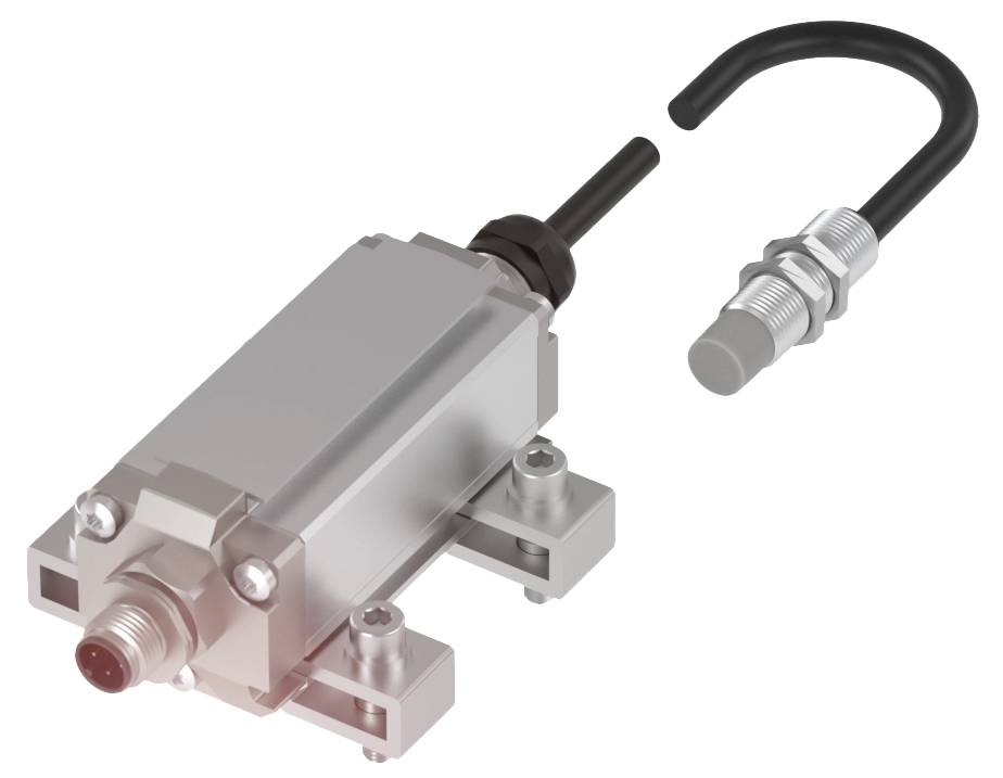 Ein grauer elektronischer Sensor mit Kabel und Anschluss, montiert auf zwei Halterungen. Daneben ein abgewinkeltes Rohrstück mit Verschraubung.