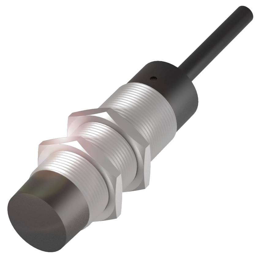 Metallsensor mit zylindrischem Gehäuse, gerändeltem Schaft und Kabelanschluss. Geeignet für industrielle Anwendungen.