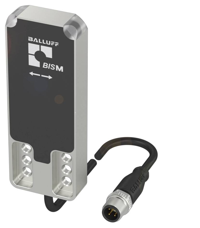 Ein rechteckiger Sensor von Balluff BISM mit einem angeschlossenen Kabel und Stecker. Geeignet für industrielle Anwendungen.